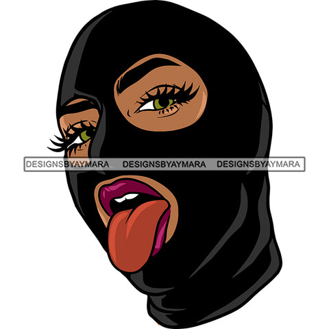 Gangster African American Woman Tongue Out Of Mouth Wearing Face Mask Design Element Vector White Background SVG JPG PNG Vector Clipart Cricut Silhouette Cut Cutting