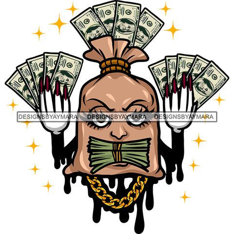 Money Bundle On Money Bag Cartoon Character Hand Holding Money Note Long Nail Vector Design Element White Background Wearing Chain Color Dripping SVG JPG PNG Vector Clipart Cricut Silhouette Cut Cutting