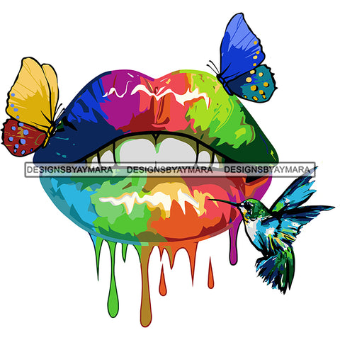 Rainbow Color Woman Lips Color Dripping Colorful Butterfly And Bird On Woman Lips Vector White Teeth Design Element White Background