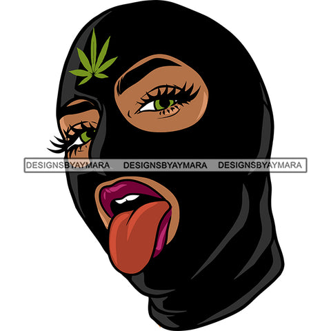 Gangster African American Woman Tongue Out Of Mouth Wearing Face Mask Marijuana Leaf Design Element Vector White Background SVG JPG PNG Vector Clipart Cricut Silhouette Cut Cutting