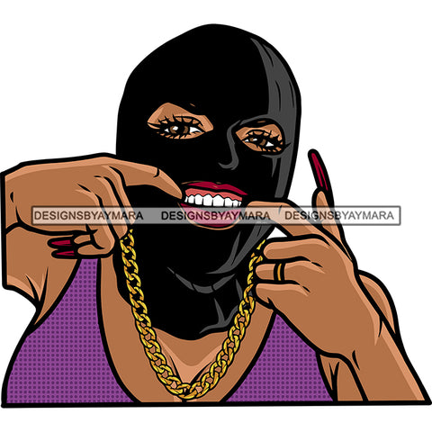 Black Woman Ski Mask African American Woman Wearing Gold Chain Long Nail Design Element SVG JPG PNG Vector Clipart Cricut Silhouette Cut Cutting