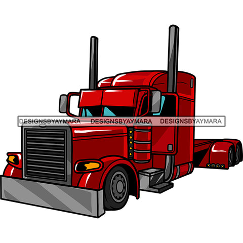 Red Color Semi Cargo Container Truck American Big Truck Prime Mover Transport System Vector White Background Red Semi Truck SVG JPG PNG Vector Clipart Silhouette Cut Cutting