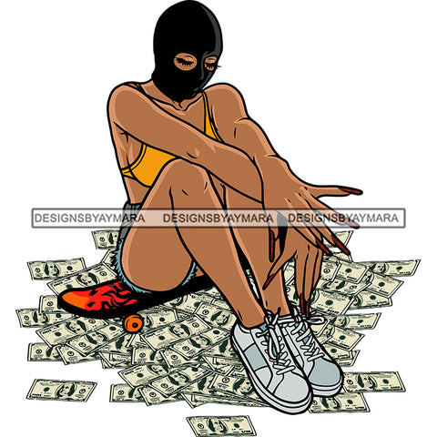 Gangster African American Sexy Woman Sitting On Floor Wearing Face Mask Vector Sexy Pose White Background Long Nail Design Element SVG JPG PNG Vector Clipart Cricut Silhouette Cut Cutting