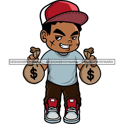 African American Scarface Boy Hand Holding Money Bag Smile Face Afro Boy Wearing Cap Vector Design Element SVG JPG PNG Vector Clipart Cricut Silhouette Cut Cutting