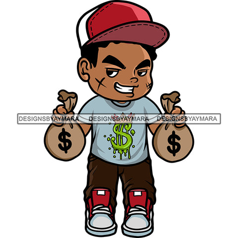 African American Scarface Boy Hand Holding Money Bag Dollar Sign On T-Shirt Smile Face Afro Boy Wearing Cap Vector Design Element SVG JPG PNG Vector Clipart Cricut Silhouette Cut Cutting