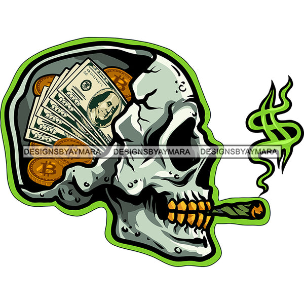 Skull Skeleton Side Head Design Element Gold Teeth Skull Head Smoking Dollar Sign Vector Dollar Note And Bitcoin On Head Design Element SVG JPG PNG Vector Clipart Cricut Silhouette Cut Cutting