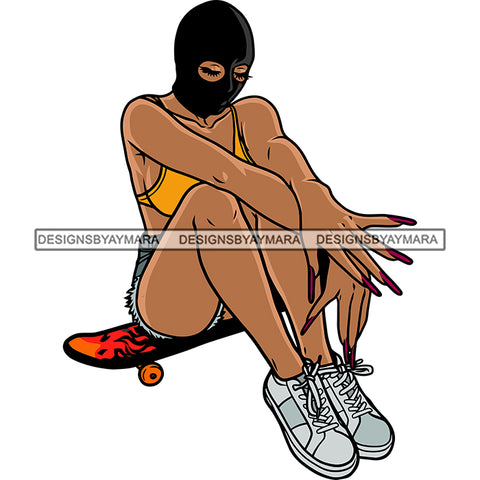 Gangster African American Sexy Woman Sitting Skateboard Wearing Face Mask Vector Sexy Pose White Background Long Nail Design Element SVG JPG PNG Vector Clipart Cricut Silhouette Cut Cutting