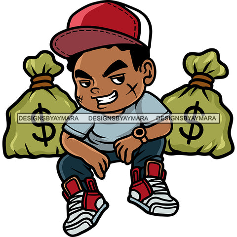 Gangster African American Hip Hop Boy Sitting Scarface Smile Boy Wearing Cap Money Bag On Side Design Element SVG JPG PNG Vector Clipart Cricut Silhouette Cut Cutting