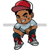 Smile Face African American Boy Sitting Pose Wearing Cap Scarface Hip Hop Boy Design Element White Background SVG JPG PNG Vector Clipart Cricut Silhouette Cut Cutting