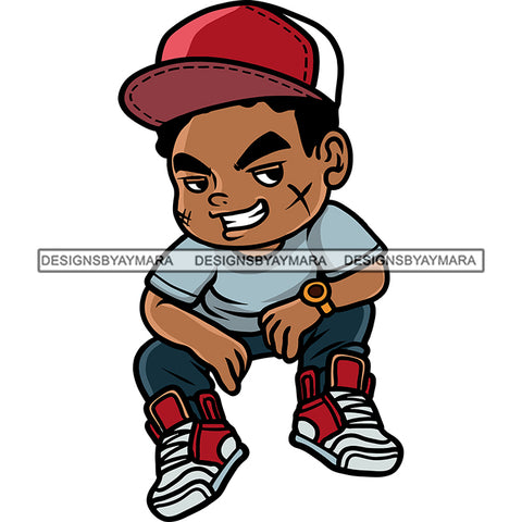 Smile Face African American Boy Sitting Pose Wearing Cap Scarface Hip Hop Boy Design Element White Background SVG JPG PNG Vector Clipart Cricut Silhouette Cut Cutting