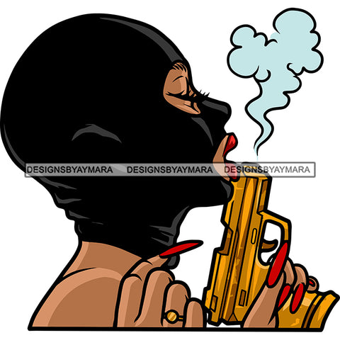 Gangster African American Woman Hand Holding Gun Ski Mask Vector Afro Woman Long Nail Side Face Smoke Fly Design Element Close Eyes SVG JPG PNG Vector Clipart Cricut Silhouette Cut Cutting