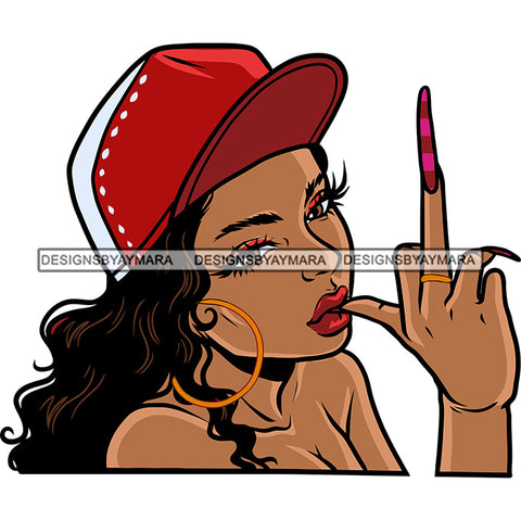 Gangster African American Woman Showing Middle Finger Long Nail Wearing Hoop Earing And Cap Long Hairstyle Design Element White Background Vector SVG JPG PNG Vector Clipart Cricut Silhouette Cut Cutting