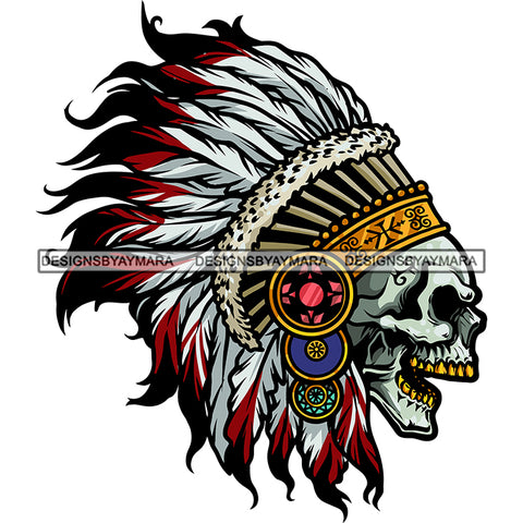 Native Indian Skull Skeleton Head Design Element Indian Plume Poster Chief Warrior Skull Skeleton Danger SVG JPG PNG Vector Clipart Cricut Silhouette Cut Cutting