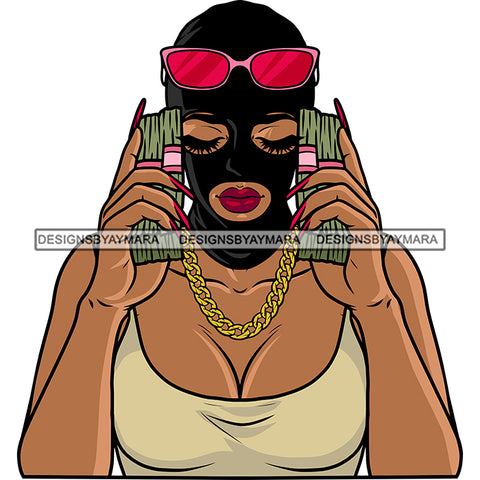 Gangster African American Sexy Woman Holding Money Bundle Close Eyes Sunglasses On Head Wearing Face Musk Gold Chain Vector Design Element SVG JPG PNG Vector Clipart Cricut Silhouette Cut Cutting