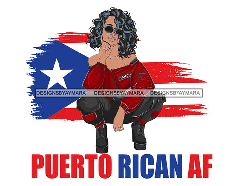 Puerto Rican AF Quote Afro Woman Wearing Sunglasses Sitting Design Element USA Flag United State Vector Curly Hairstyle SVG JPG PNG Vector Clipart Cricut Cutting Files