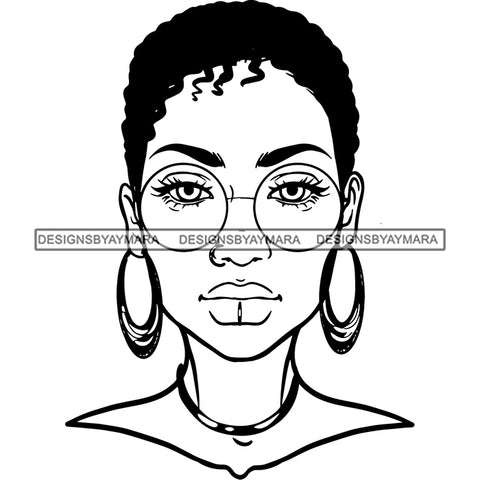 Black Woman Face Portrait Glasses Hoop Earrings Short Hair Style B/W SVG JPG PNG Vector Clipart Cricut Silhouette Cut Cutting