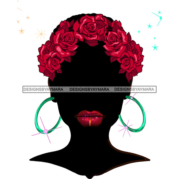 Black Woman Full Black Face Short Afro And Red Lips and Red Roses JPG PNG  Clipart Cricut Silhouette Cut Cutting
