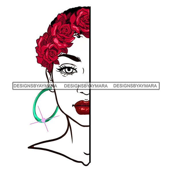 Black Woman White Half Face Short  Afro  Red Roses JPG PNG  Clipart Cricut Silhouette Cut Cutting