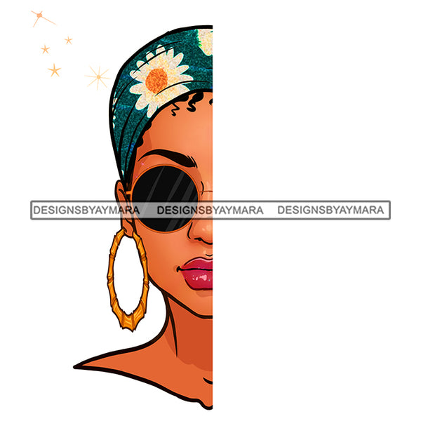 Black Woman Half Face Sunglasses Flowered Headwrap JPG PNG  Clipart Cricut Silhouette Cut Cutting
