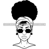 Black Woman Face Portrait Earrings Sunglasses Headband Puffy Bun Hair Style B/W SVG JPG PNG Vector Clipart Cricut Silhouette Cut Cutting