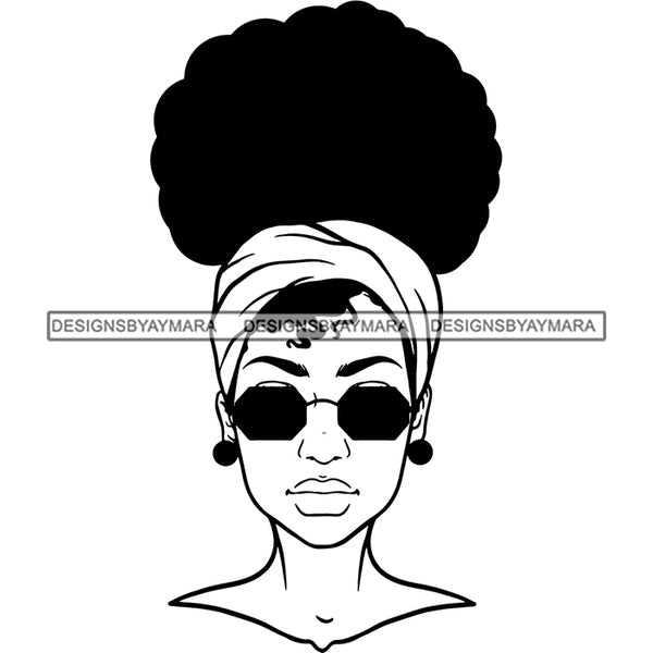 Black Woman Face Portrait Earrings Sunglasses Headband Puffy Bun Hair Style B/W SVG JPG PNG Vector Clipart Cricut Silhouette Cut Cutting