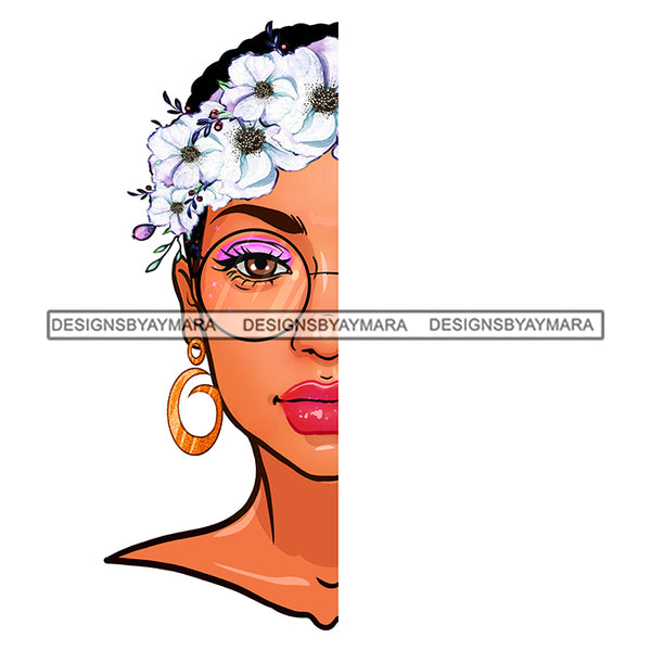 Black Woman Half Face Flawless White Roses Glasses JPG PNG  Clipart Cricut Silhouette Cut Cutting