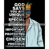 Afro Sexy Man King Half Body God Says Religious Quotes Beard Sunglasses Crown Blue Shirt Dark Background SVG JPG PNG Vector Clipart Cricut Silhouette Cut Cutting