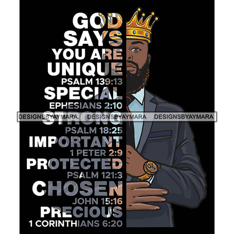 Afro Sexy Man King Half Body God Says Religious Quotes Beard Suit Tie Crown Dark Background SVG JPG PNG Vector Clipart Cricut Silhouette Cut Cutting