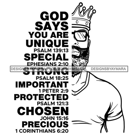 Afro Sexy Man King Half Body God Says Religious Quotes Beard Sunglasses Crown B/W SVG JPG PNG Vector Clipart Cricut Silhouette Cut Cutting