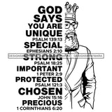 Afro Sexy Man King Half Body God Says Religious Quotes Suit Beard Sunglasses Crown B/W SVG JPG PNG Vector Clipart Cricut Silhouette Cut Cutting