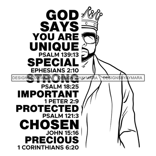 Afro Sexy Man King Half Body God Says Religious Quotes Beard Sunglasses Crown Shirt B/W SVG JPG PNG Vector Clipart Cricut Silhouette Cut Cutting
