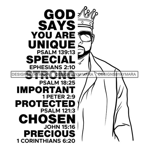 Afro Sexy Man King Half Body God Says Religious Quotes Beard Sunglasses Crown Shirt B/W SVG JPG PNG Vector Clipart Cricut Silhouette Cut Cutting