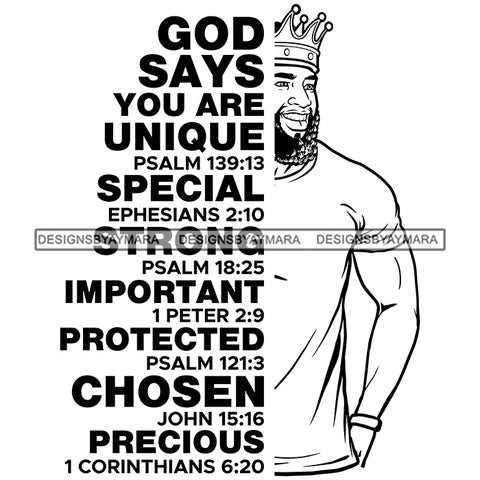 Afro Sexy Man Smiling King Half Body God Says Religious Quotes Beard Crown B/W SVG JPG PNG Vector Clipart Cricut Silhouette Cut Cutting