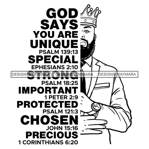 Afro Sexy Man King Half Body God Says Religious Quotes Beard Suit Tie Crown B/W SVG JPG PNG Vector Clipart Cricut Silhouette Cut Cutting
