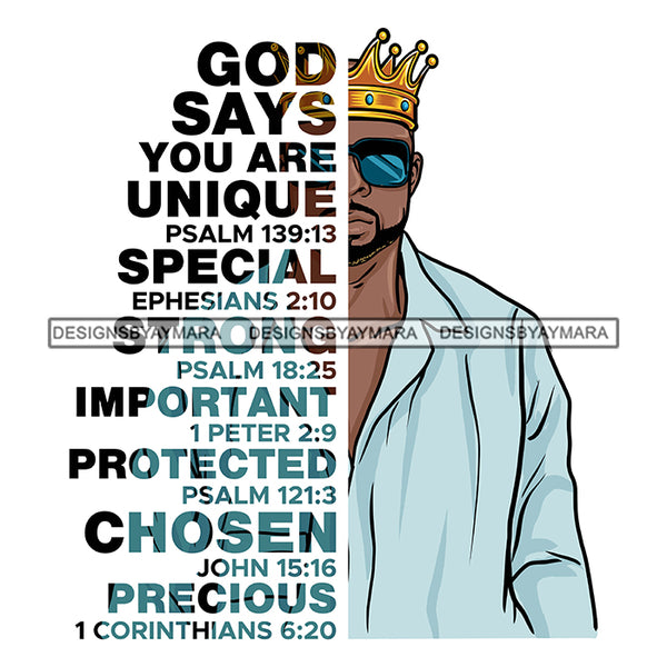 Afro Sexy Man King Half Body God Says Religious Quotes Beard Sunglasses Crown Blue Shirt White Background SVG JPG PNG Vector Clipart Cricut Silhouette Cut Cutting