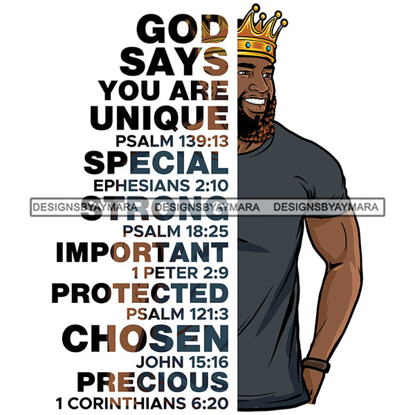 Afro Sexy Man Smiling King Half Body God Says Religious Quotes Beard Crown White Background SVG JPG PNG Vector Clipart Cricut Silhouette Cut Cutting