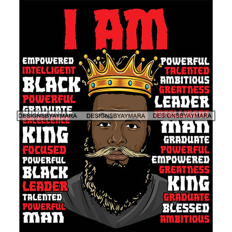 Afro Sexy Man King I Am Powerful Life Quotes Beard Crown Dark Background SVG JPG PNG Vector Clipart Cricut Silhouette Cut Cutting