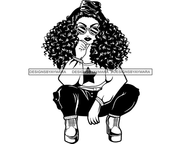 Afro Black Woman Squatting Glasses High Heels B/W Afro Hair Style SVG Cutting Files For Silhouette Cricut and More