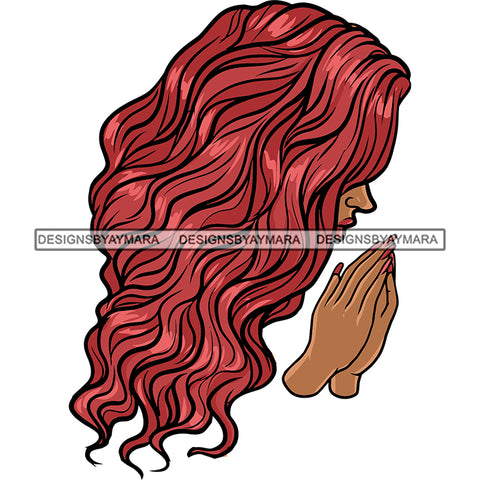 Redhead Woman Hard Praying Hand Meditation Pose Red Color Curly Hairstyle Side Face Design Element White Background SVG JPG PNG Vector Clipart Cricut Silhouette Cut Cutting
