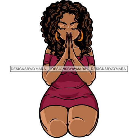 Afro Woman Hard Praying Hand African American Woman Sitting Pose Curly Hairstyle Close Eyes Wearing Hoop Earing SVG JPG PNG Vector Clipart Cricut Silhouette Cut Cutting