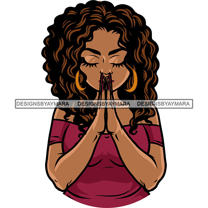 African American Woman Hard Praying Hand Close Eyes Curly Hairstyle Me ...