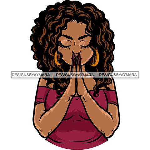 African American Woman Hard Praying Hand Close Eyes Curly Hairstyle Meditation Pose Wearing Hoop Earing Long Nail Design Element SVG JPG PNG Vector Clipart Cricut Silhouette Cut Cutting