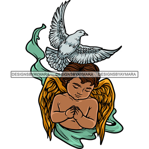 African American Baby Angle Hard Praying Hand Pigeon Fly Wings On Head Vector Angle Close Eyes Vector Design Element  SVG JPG PNG Vector Clipart Cricut Silhouette Cut Cutting