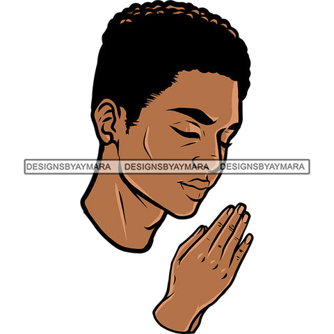 Afro Short Hairstyle Woman Hard Praying Hand Close Eyes African American Side Face White Background Design Element SVG JPG PNG Vector Clipart Cricut Silhouette Cut Cutting
