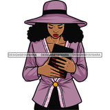 Afro Woman Holding Holy Book Praying Pose Curly Hairstyle Wearing Hat Close Eyes Design Element Long Nail SVG JPG PNG Vector Clipart Cricut Silhouette Cut Cutting