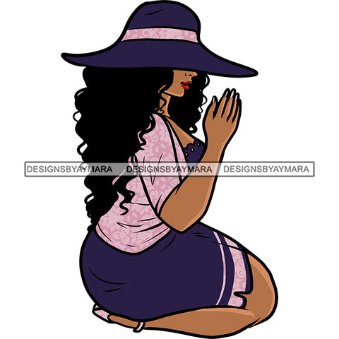 Afro Woman Sitting Pose Praying Hand African American Woman Mediation Pose Wearing Hat Curly Hairstyle Side Body Design Element SVG JPG PNG Vector Clipart Cricut Silhouette Cut Cutting