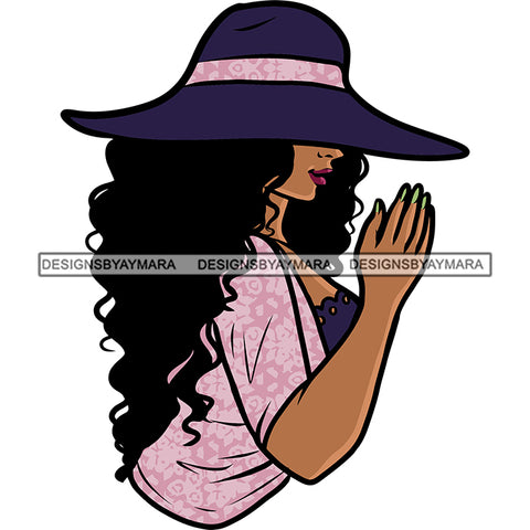 Afro Woman Praying Hand African American Woman Mediation Pose Cute Face Woman Wearing Hat Curly Hairstyle Side Body Design Element SVG JPG PNG Vector Clipart Cricut Silhouette Cut Cutting