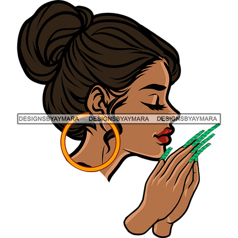 Afro Woman Meditation Pose Close Eyes Wearing Hoop Earing Green Color Long Nail Vector Design Element Hard Praying Hand White Background SVG JPG PNG Vector Clipart Cricut Silhouette Cut Cutting