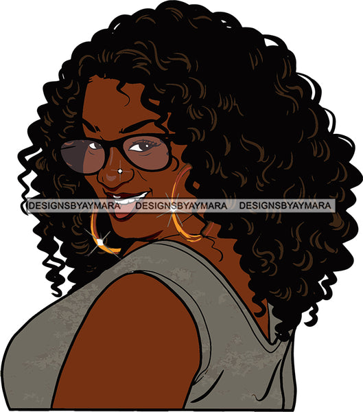 Afro Urban Street  Ghetto Girls Babe Hoop Earrings Sexy Lips Tongue Long Curly Hair Style Portrait Glasses SVG Cutting Files For Silhouette Cricut