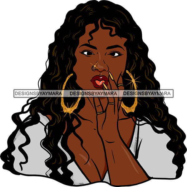 Afro Urban Street Ghetto Girls Babe Hoop Earrings Nose Piercing Long Curly Hair Style Nails Rings SVG Cutting Files For Silhouette Cricut
